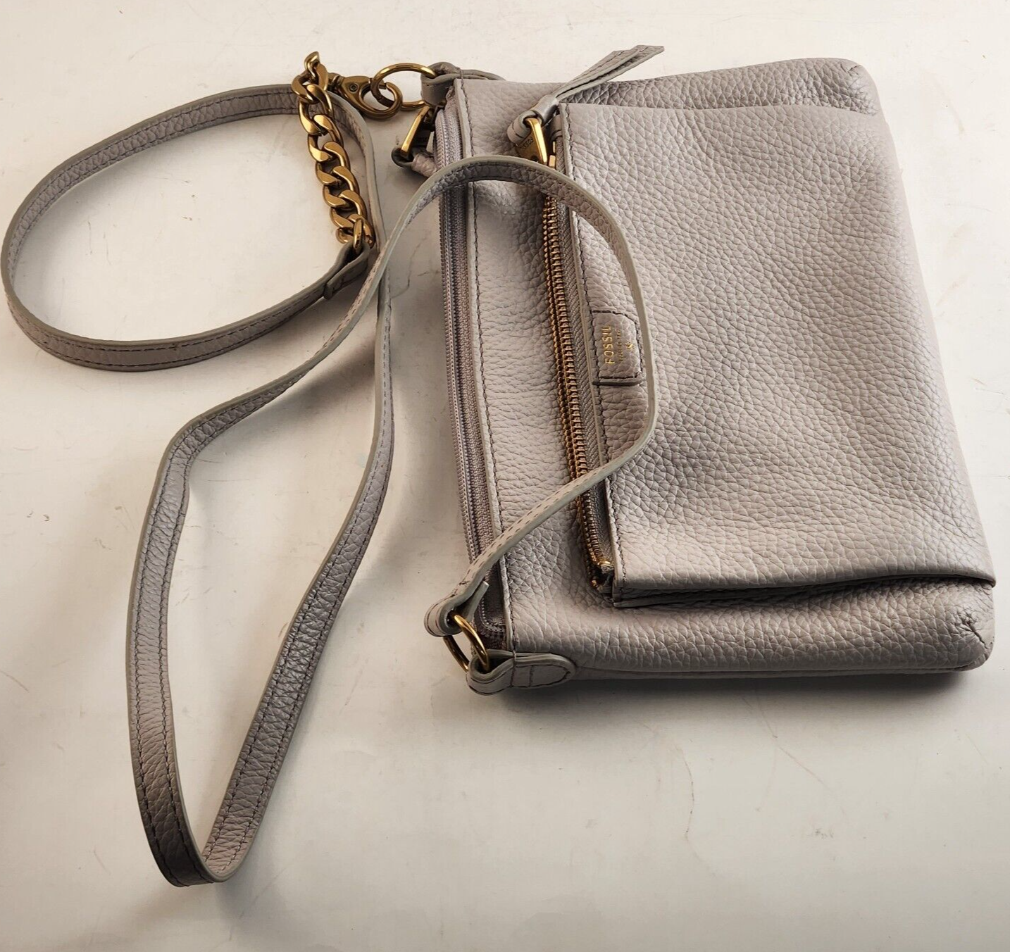 Fossil 1954 Pebble Leather Crossbody Purse Tumbled Gray Gold Accents Bag
