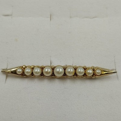 Gold Tone Bar Shaped White Faux Pearl Lapel Pin Brooch 2"Roll over Clasp