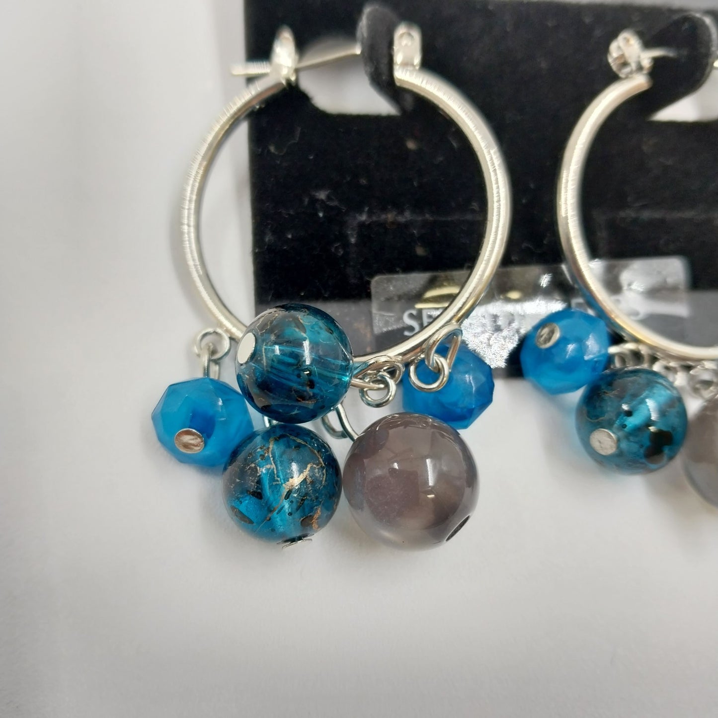 Catherines Silver Tone Blue Gray Dangle Bead Hook Earrings For Pierced Ear