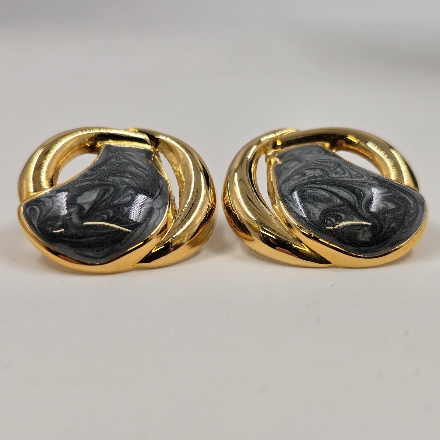 Avon 2 Earrings Gold Tone Burgundy Red Enamel and Marbled Gray Enamel