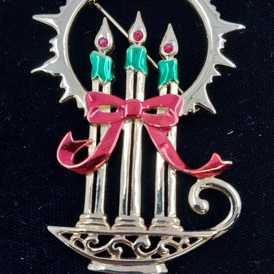 JJ Jonette Christmas Brooch Gold Tone Enamel Three Candles Pin Holiday Jewelry