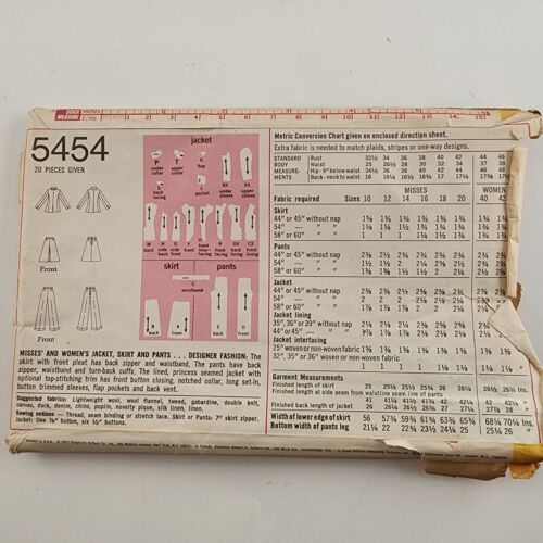 Simplicity 5454 Vintage Designer Fashion Pattern Women's Jacket Skirt Pants 20