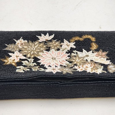 Black Small Beaded Clutch Purse 3 Inner Pockets Flower Embroidered w Glass Beads