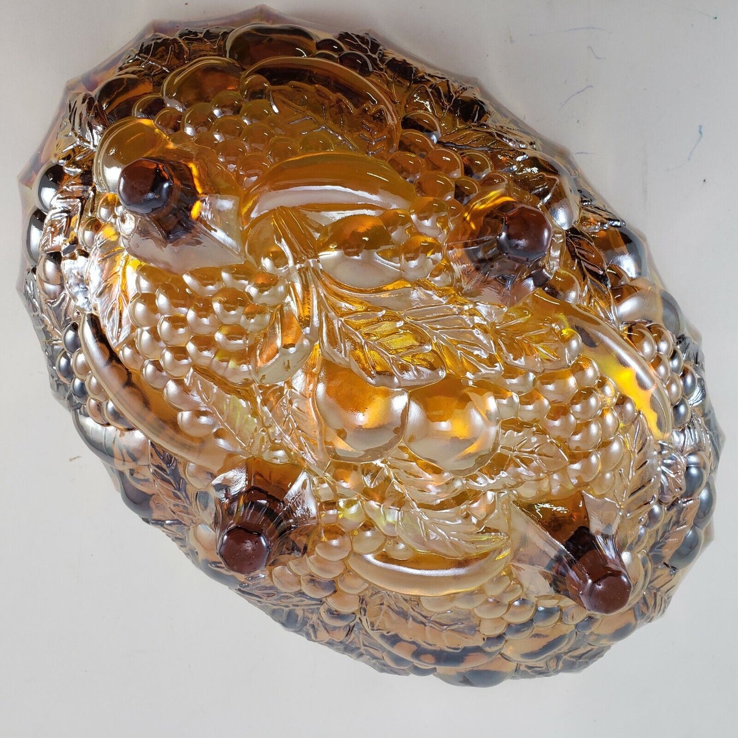 Indiana Marigold Iridescent Carnival Glass Harvest Grape Oval Fruit Bowl 12”