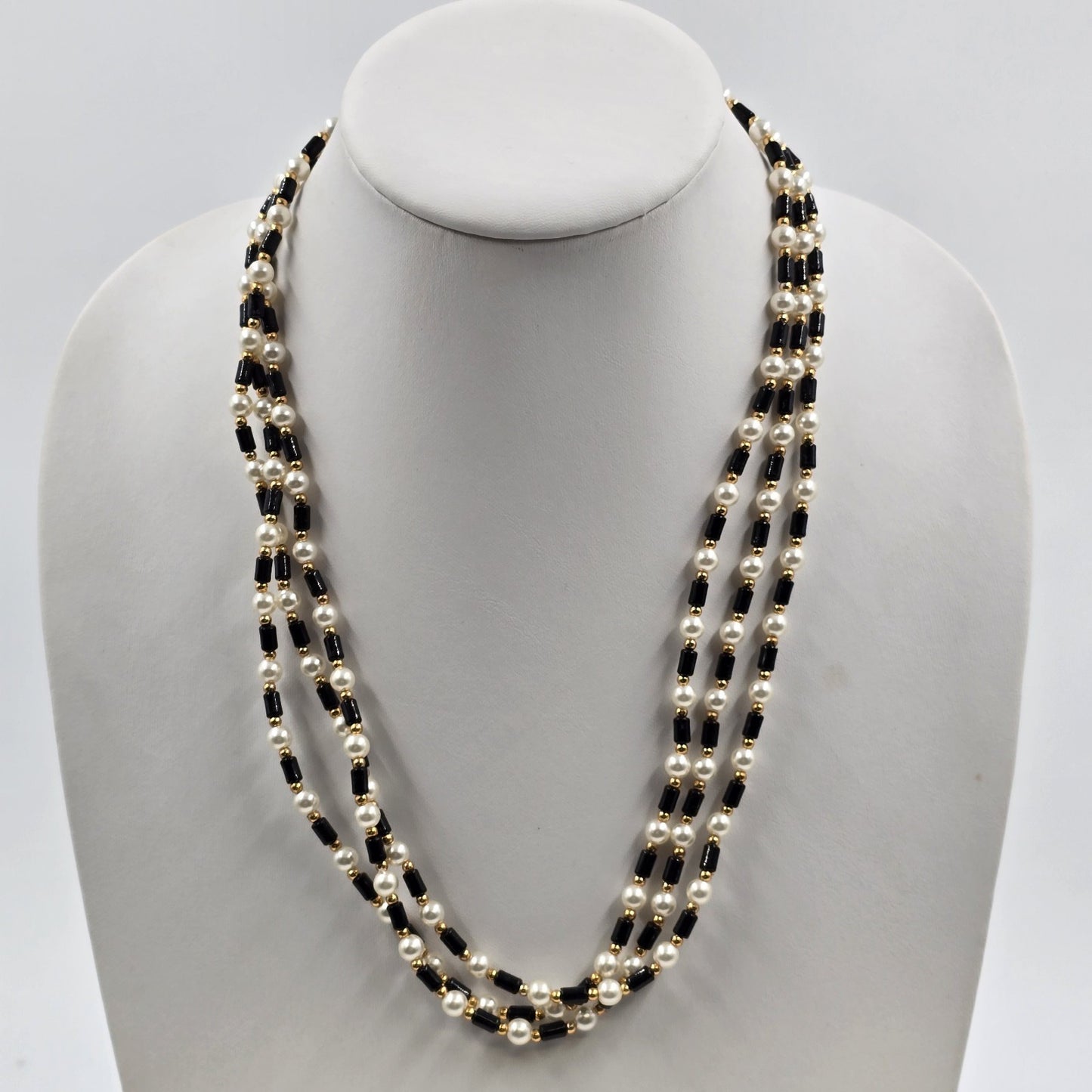 Multi Strand Necklace by Seta in Gold Tone Black Beads White Faux Pearl
