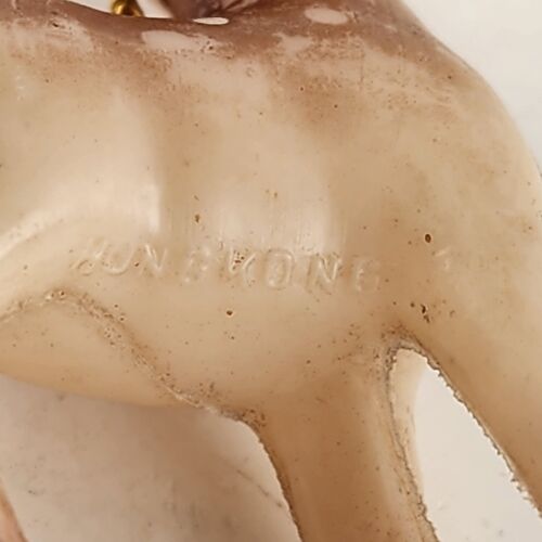 2 Plastic Hollow Reindeer Vintage Figurines Bells Chains Hong Kong 3.5"h