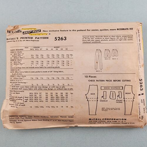 McCalls 5263 Vintage Sewing Pattern Misses 50s Jr Misses Taper Slacks Shorts 24½