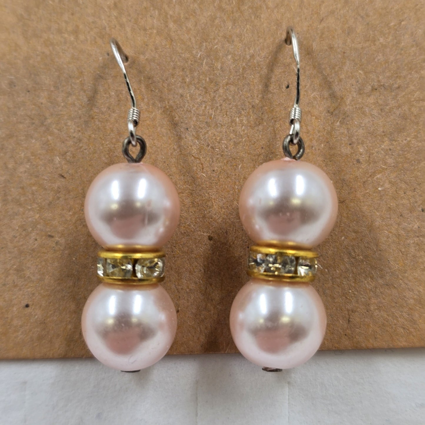 2 Earrings Pale Pink Faux Pearl with Rhinestone & Silver Tone Ball Drop Dangle