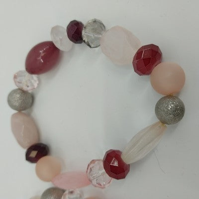 Set of 2 Bracelets Pink Red Gray Faux Pearl Acrylic Glass Faceted Beaded Stretch