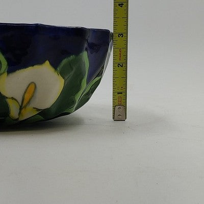 Mexican Folk Art Pottery Serving Bowl 8”x3" Talavera Sunflowers & Calla Lilies