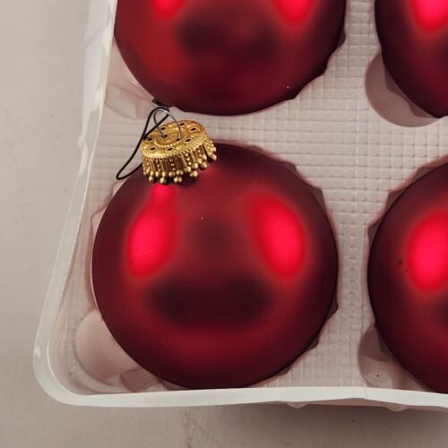 Krebs Glass Christmas Ornaments Red Satin Pearl 6 Pk Vintage Boxed Crown Top 2½"