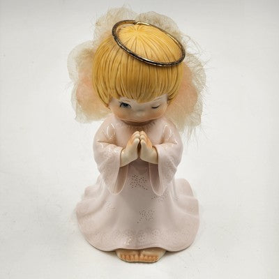 Winking Praying Angel Porcelain Figurine Fiber Optic Light 8" x 4.5"