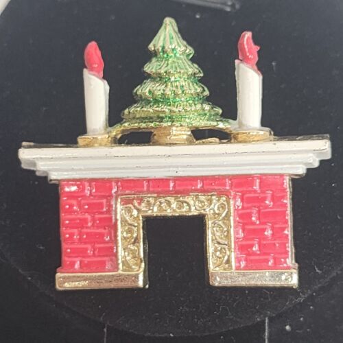 Fireplace Brooch with Christmas Tree & Candles Metal Enamel 2.75" x 1.5"