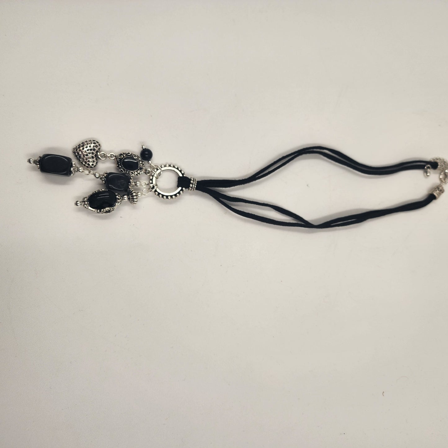 Black Corded Silver Tone Charm Heart Black Large Faux Pearl Bead Dangle Necklace