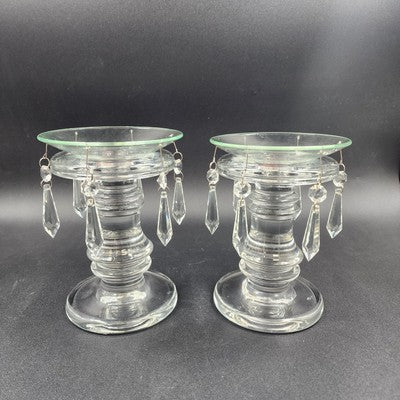 Set of 2 Heavy Crystal Glass Candle Holders Bobeche Pedestal Pendalogues Accents