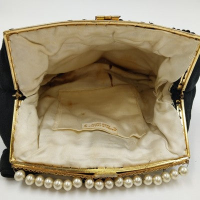 Black French Evening Clutch Bag Wrist Strap French Knot Embroidered Pearls 1930s