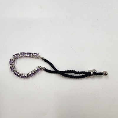 Silver Tone & Purple Crystal Glass Faceted Rhinestone Black Corded Bracelet 3.5"