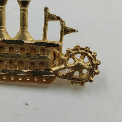 Gold Tone Mississippi River Steamboat Paddle Wheel Brooch Pin Vintage Accessory