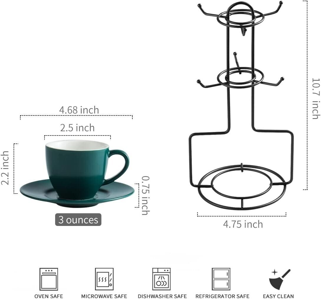 Set of 6 Demitasse Espresso Cups & Saucers 3oz Dark Green w/ Rack