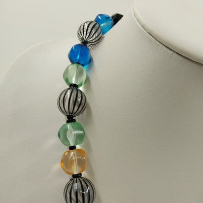 Multicolor Large Glass Beaded Necklace Clear Chunky Beads 9.5" Toggle Clasp