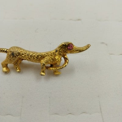 Dachshund Dog Gold Tone Brooch Badge Pin w Red Eyes Crystal Clear Rhinestone Vtg