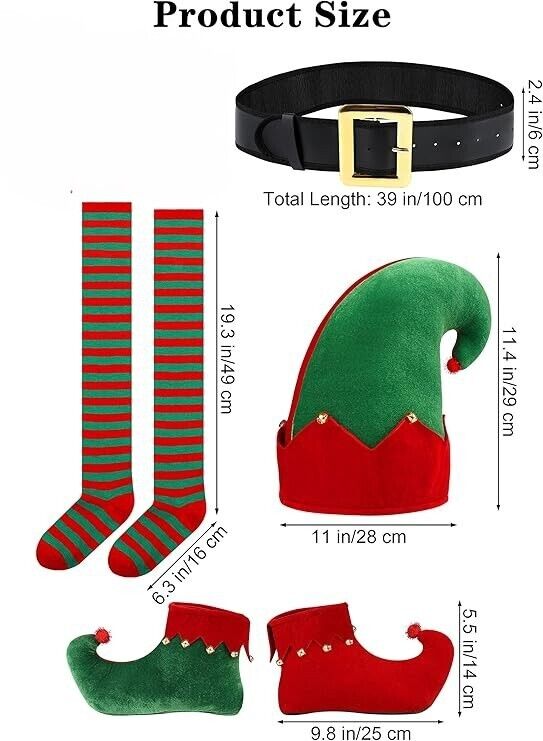 Elf Costume Red Green NEW NO EARS Shirt Pants Belt Boots Hat Child Size 8 - 10
