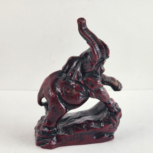 Red Lacquer Resin Elephant Chinese Lucky Figurine Trunk Up for Luck 2.75"x3.75"h