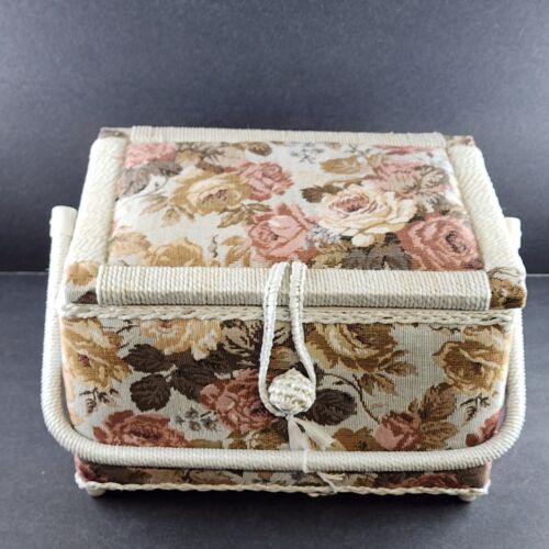 Tapestry Wicker Woven Sewing Box Basket Vintage Clear Tray Pin Cushion 11"x8"x7"