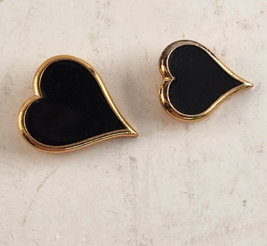 Set Of Two Sarah Coventry Black Heart Shaped Pins W/ Gold Ascents Vintage