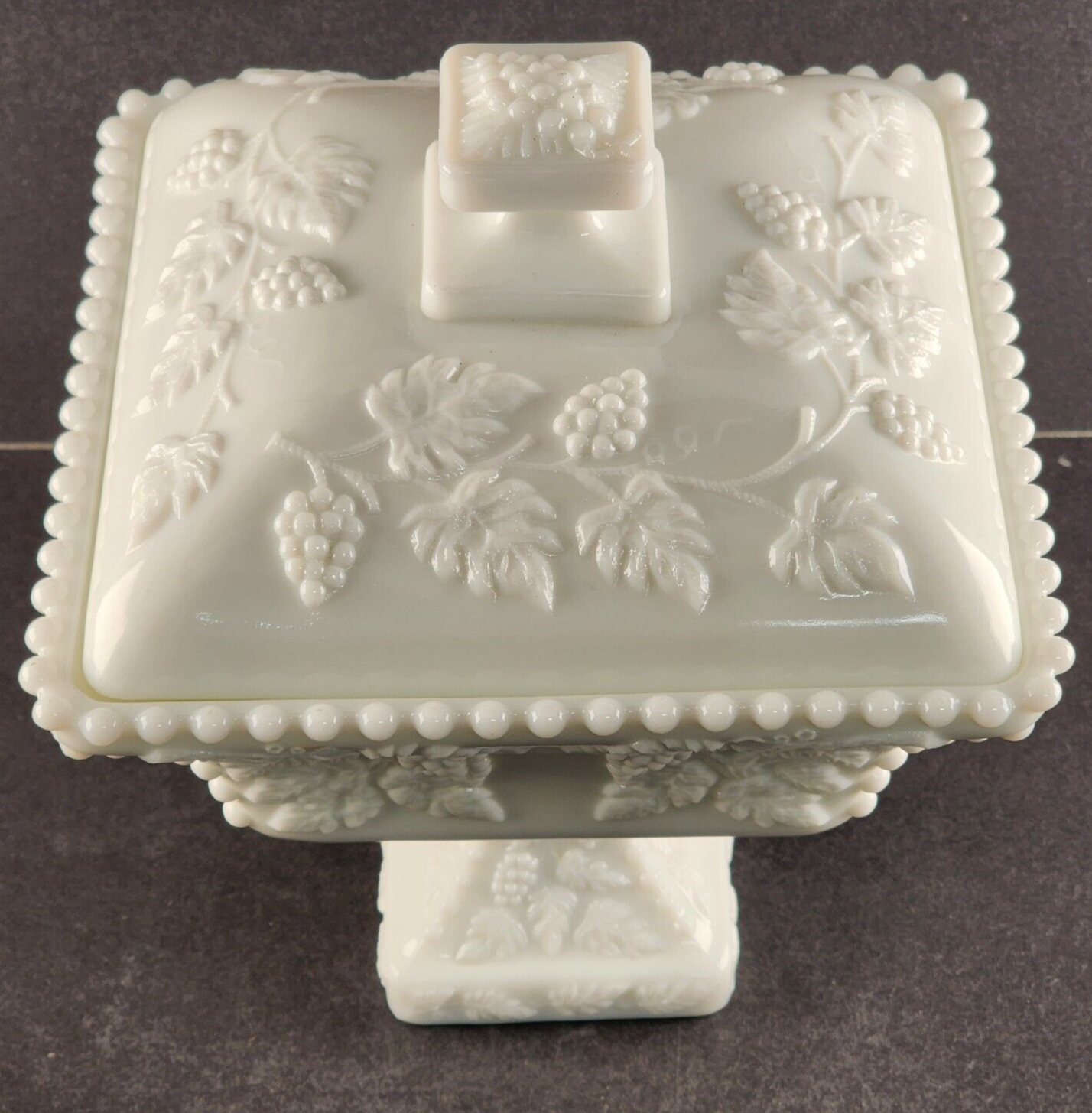 Large Milk Glass Square Compote & Lid Westmoreland Beaded Grape Pedestal Vintage