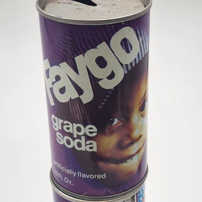 Set of 2 Faygo Fruit Grape Soda Pull Tab Empty Cans Medicine Milestones Vtg 1977