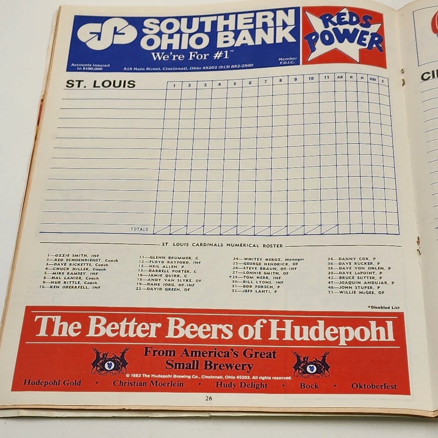 Cincinnati Reds 1983 Scorebook Program vs St Louis Cardinals Unscored