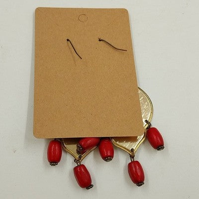 Gold Tone with Floral Tapestry Look on Black w Red Drop Beads Earrings Jewelry