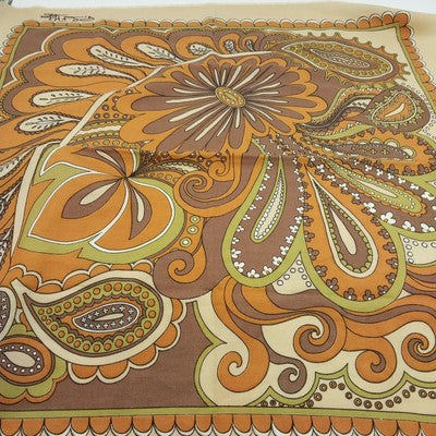 P Saint Hilaire Paris 30" Square Tan Scarf Paisley Floral Signed Vintage Cotton
