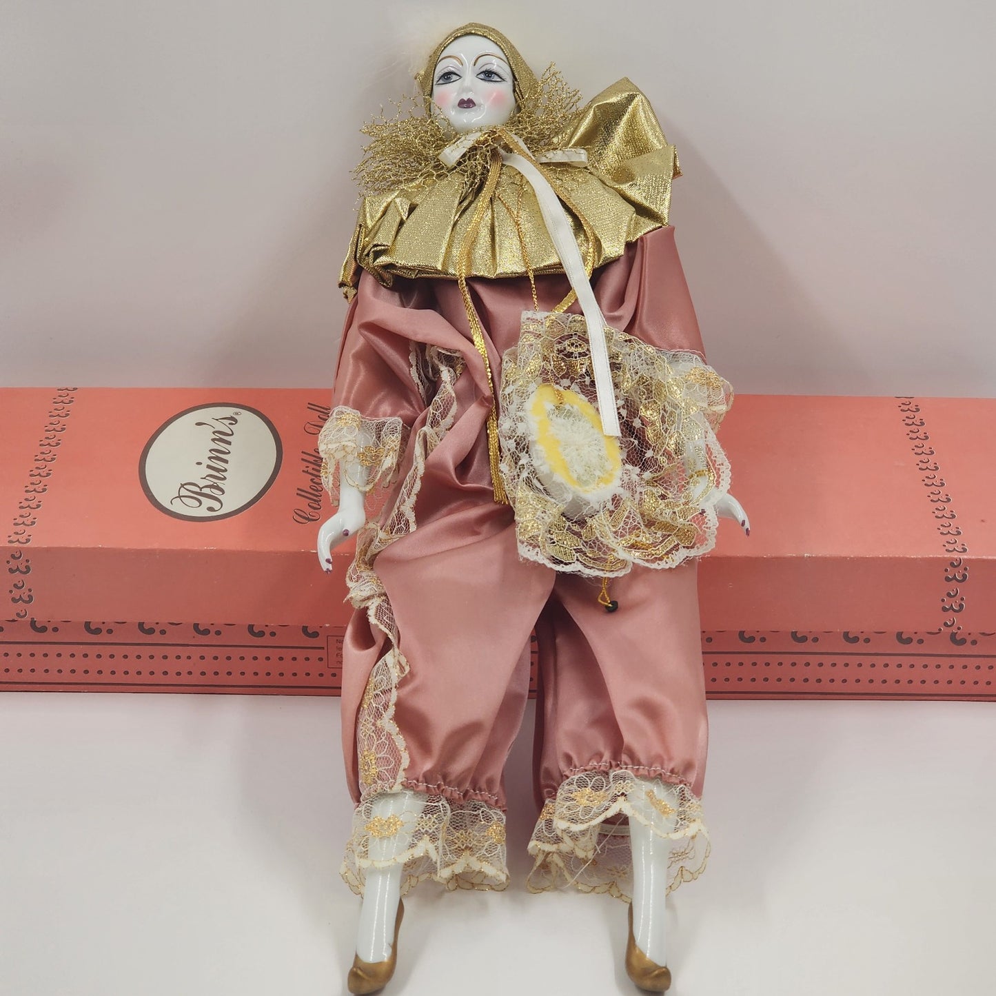 Brinn's Harlequin Porcelain Doll Mardi Gras Clown Mauve & Gold 17" 1991 COA VTG
