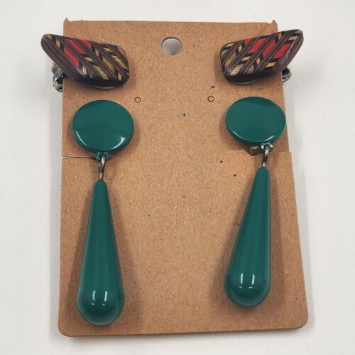 2 Pair Clip-On Earrings Teal Lucite Drop Dangle & Brown w Red Beige Stripes Vtg