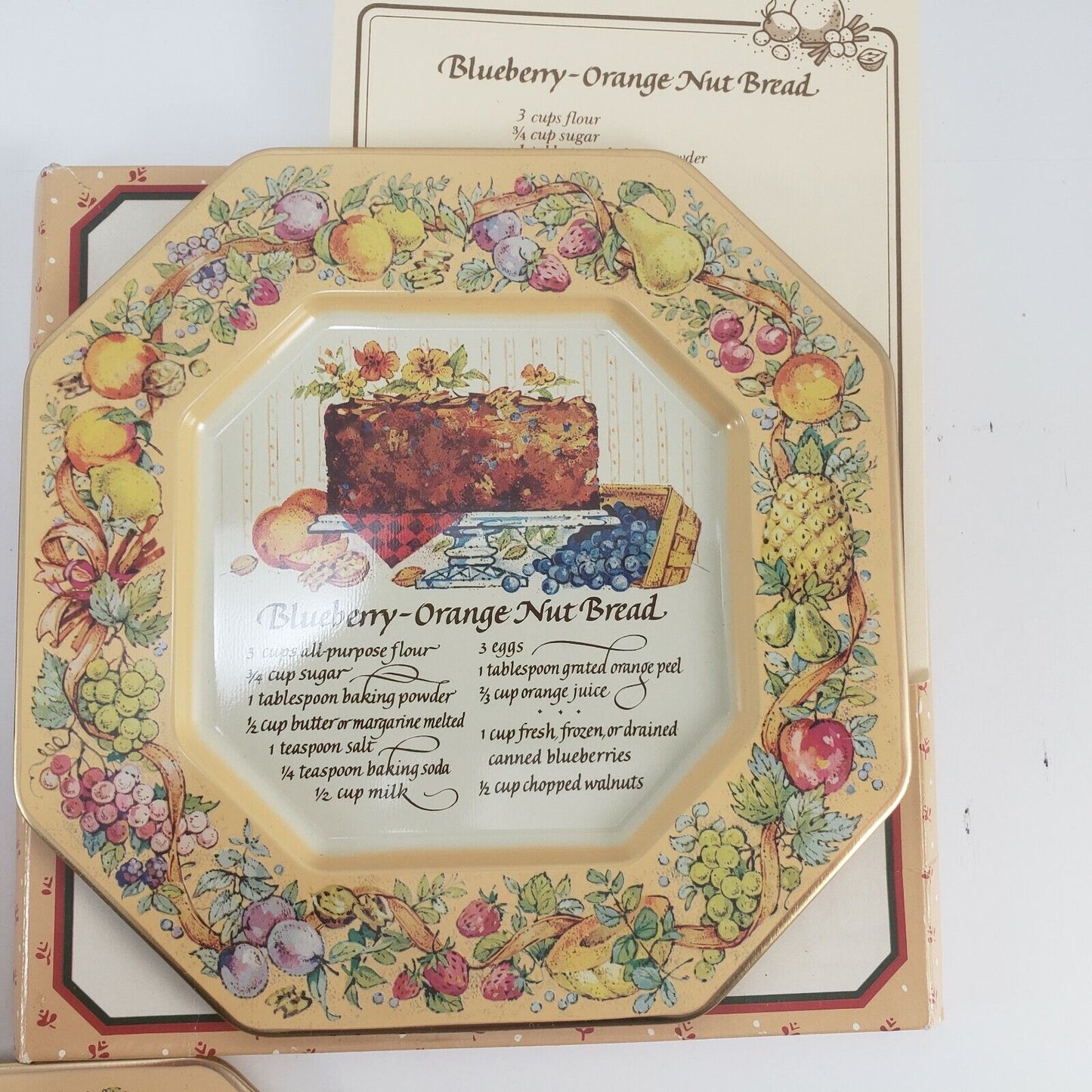 3 Avon Tin Plates Recipes 1982 Blueberry-Orange Bread Plum Pudding Buche de Noel