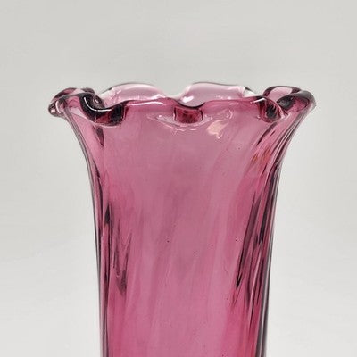 Pilgrim Cranberry Glass Bud Vase 7" Swirled Neck Ruffled Rim Hand Blown