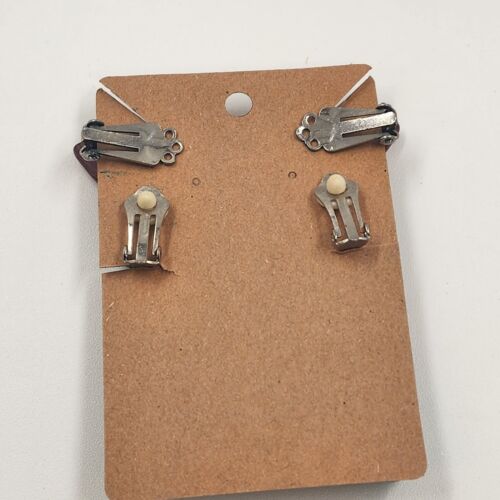 2 Pair Clip-On Earrings Teal Lucite Drop Dangle & Brown w Red Beige Stripes Vtg