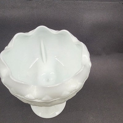 Indiana Milk Glass Pedestal Bowl 7"d x 9" Duette Pattern Quilted Ruffled