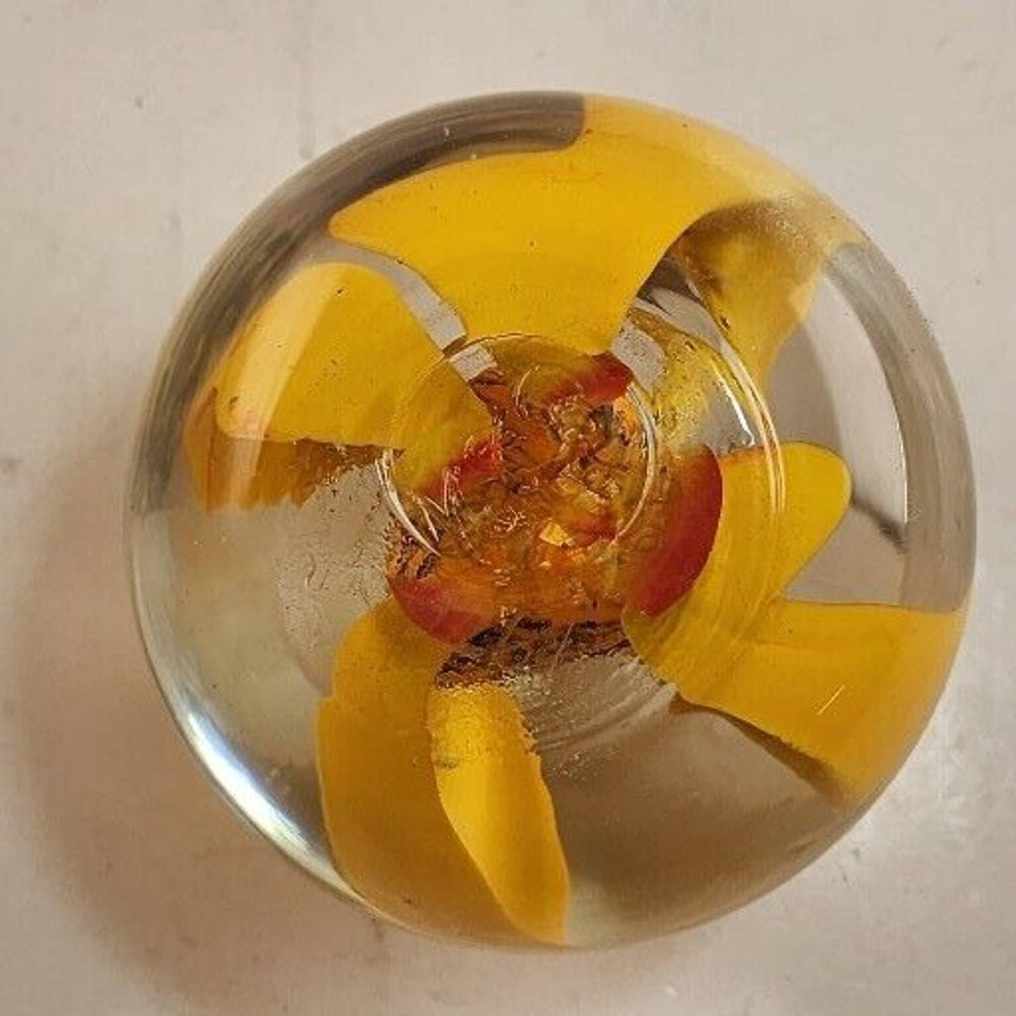 Yellow Orange Flower Glass Orb Round Paperweight 2.75" Across Marked E&W 1976