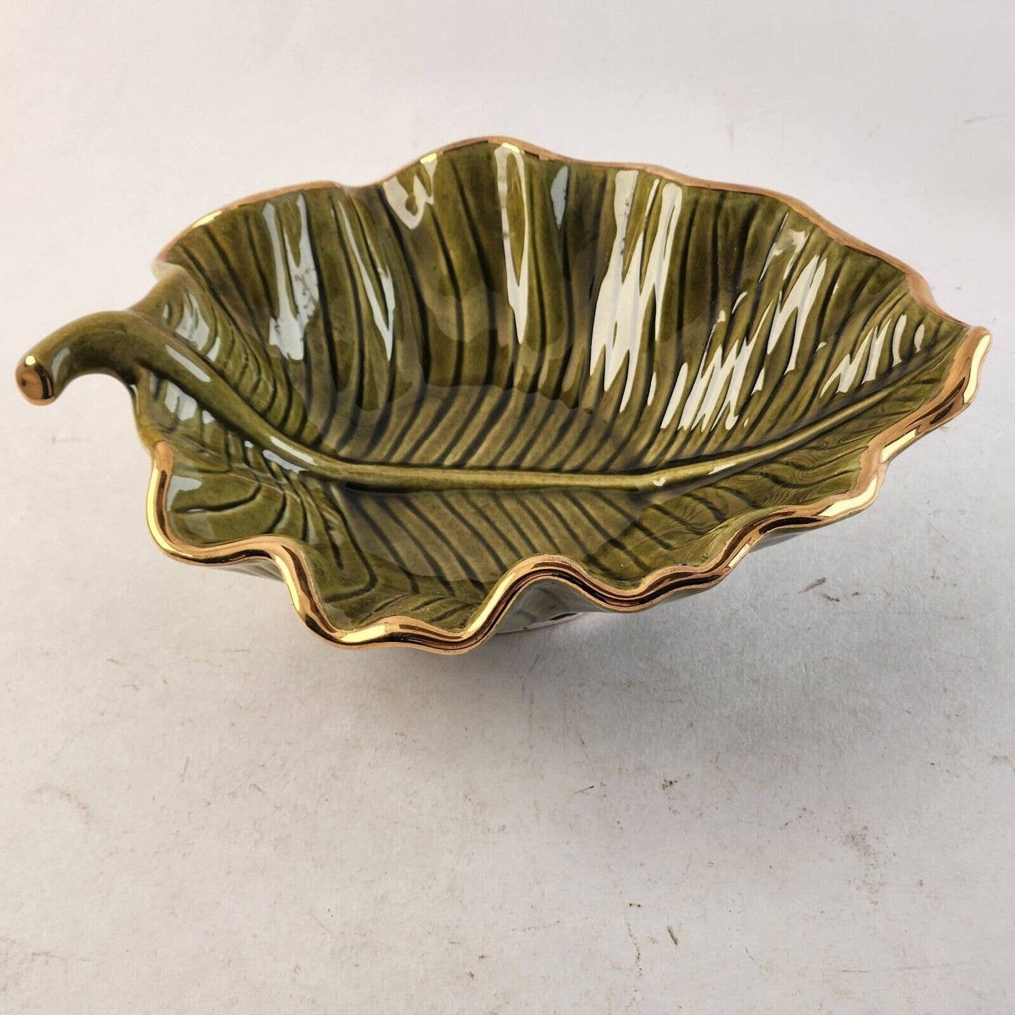 California Pottery M709 Green Leaf Gold Trim Bowl Ceramic Hand Painted USA 8" L