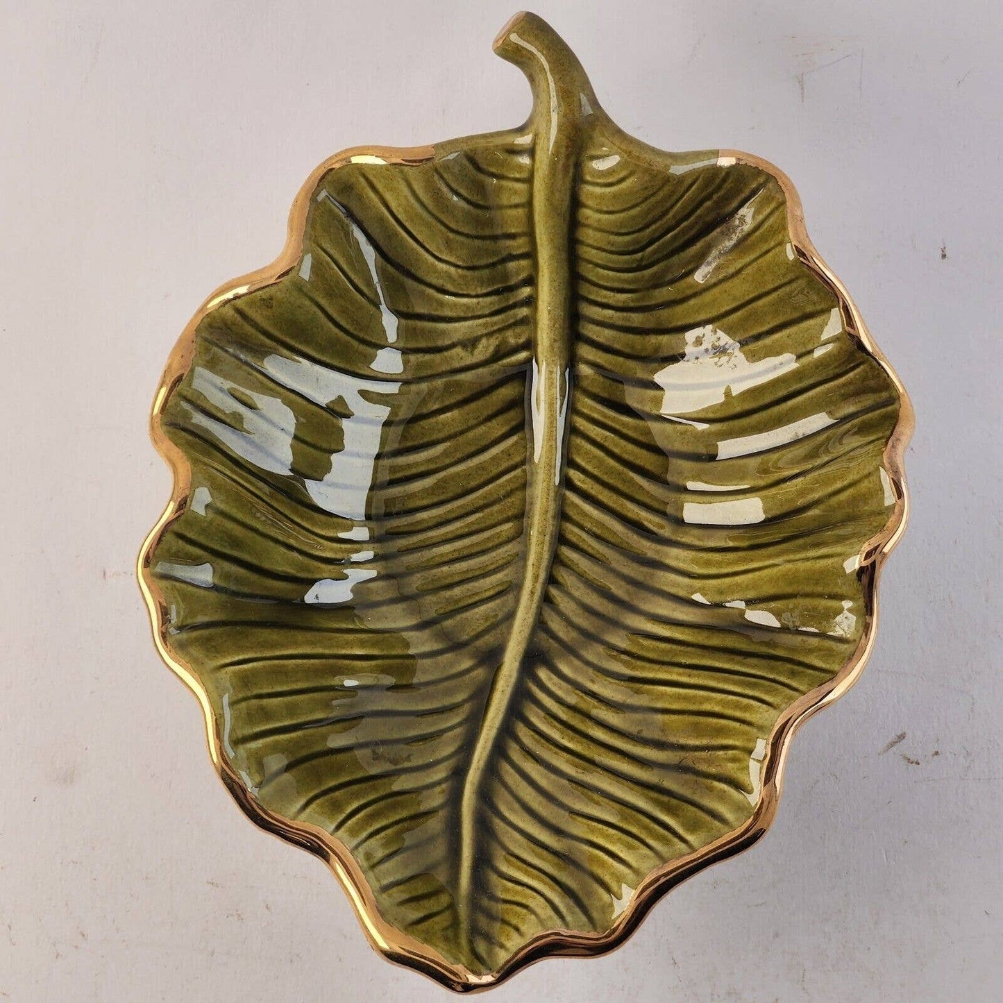 California Pottery M709 Green Leaf Gold Trim Bowl Ceramic Hand Painted USA 8" L