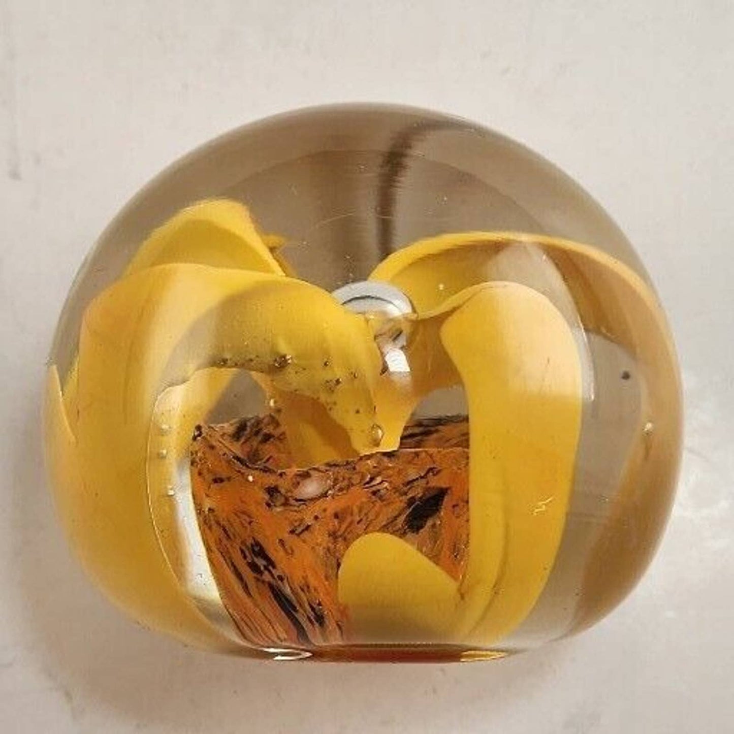 Yellow Orange Flower Glass Orb Round Paperweight 2.75" Across Marked E&W 1976