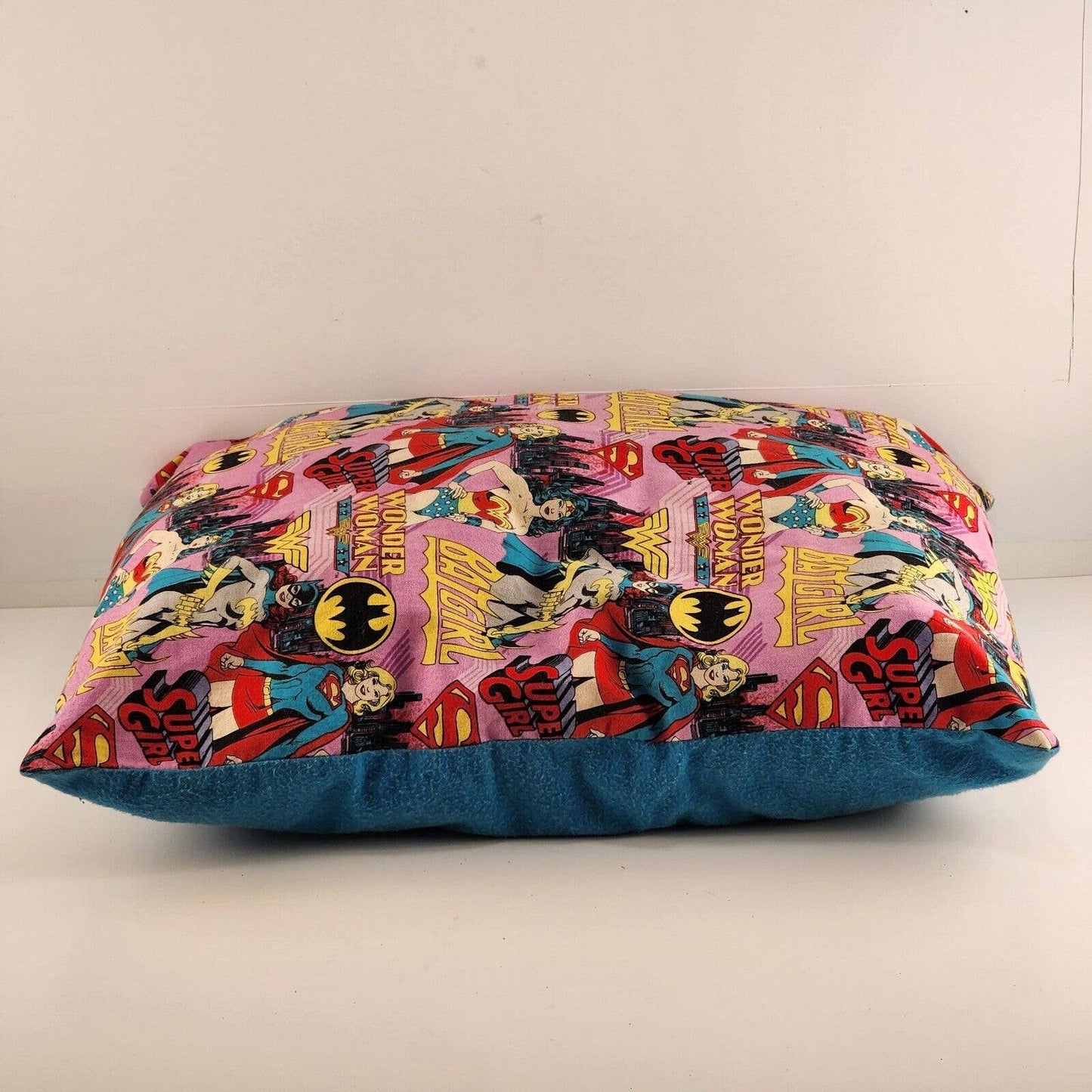Small Girls Pillow Super Girl Batgirl Wonder Woman Print Blue Fabric Back Sewn