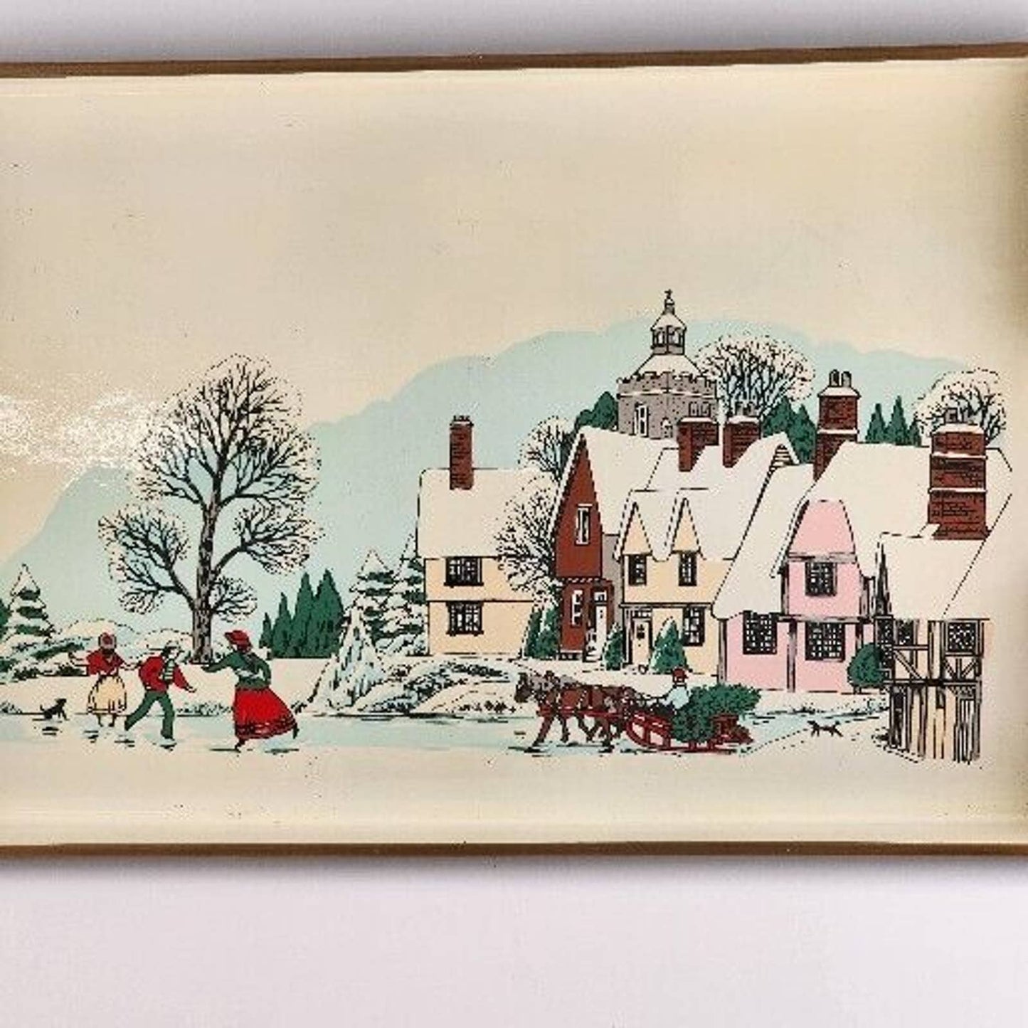 Japanese Lacquerware White Serving Tray 70's Squared Corners 16"x10" Ice Skating