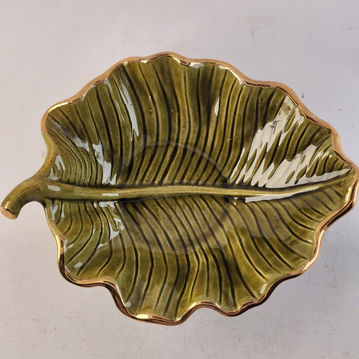 California Pottery M709 Green Leaf Gold Trim Bowl Ceramic Hand Painted USA 8" L