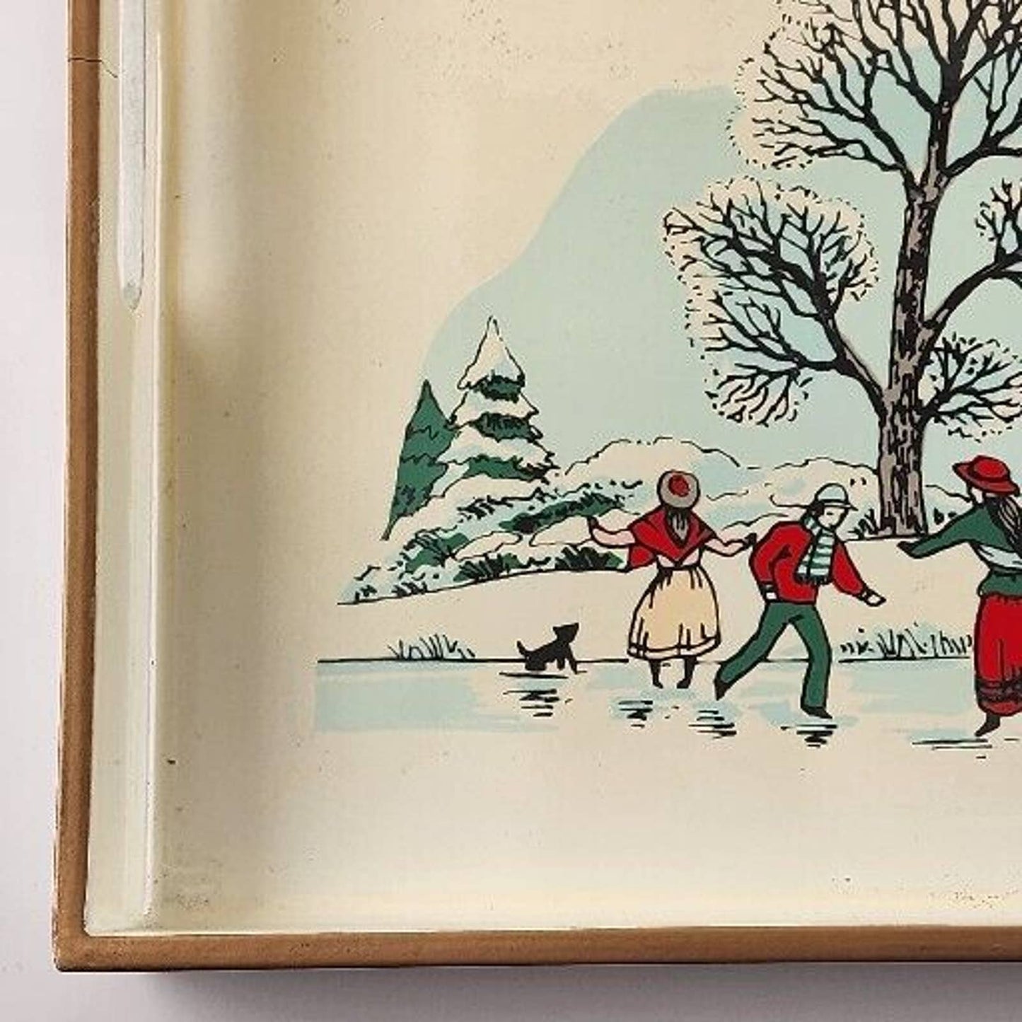Japanese Lacquerware White Serving Tray 70's Squared Corners 16"x10" Ice Skating