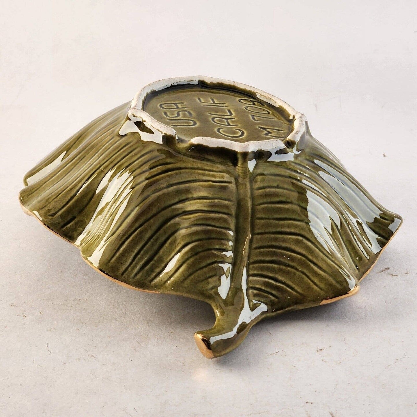 California Pottery M709 Green Leaf Gold Trim Bowl Ceramic Hand Painted USA 8" L