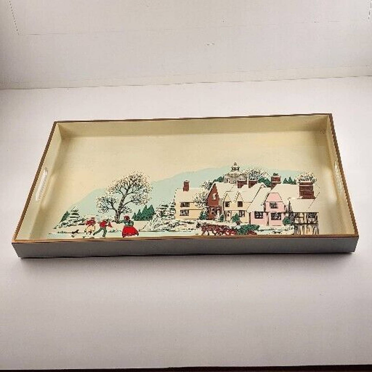 Japanese Lacquerware White Serving Tray 70's Squared Corners 16"x10" Ice Skating